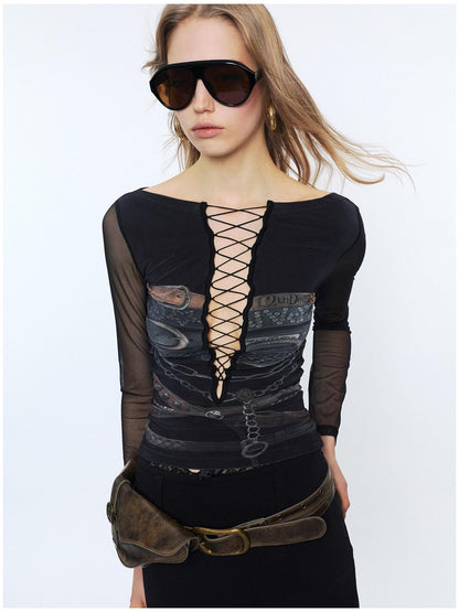 2th Desire Sexy Mesh Splice V-neck Crop Slim Tie Front For Women Print Long Sleeve T-Shirts