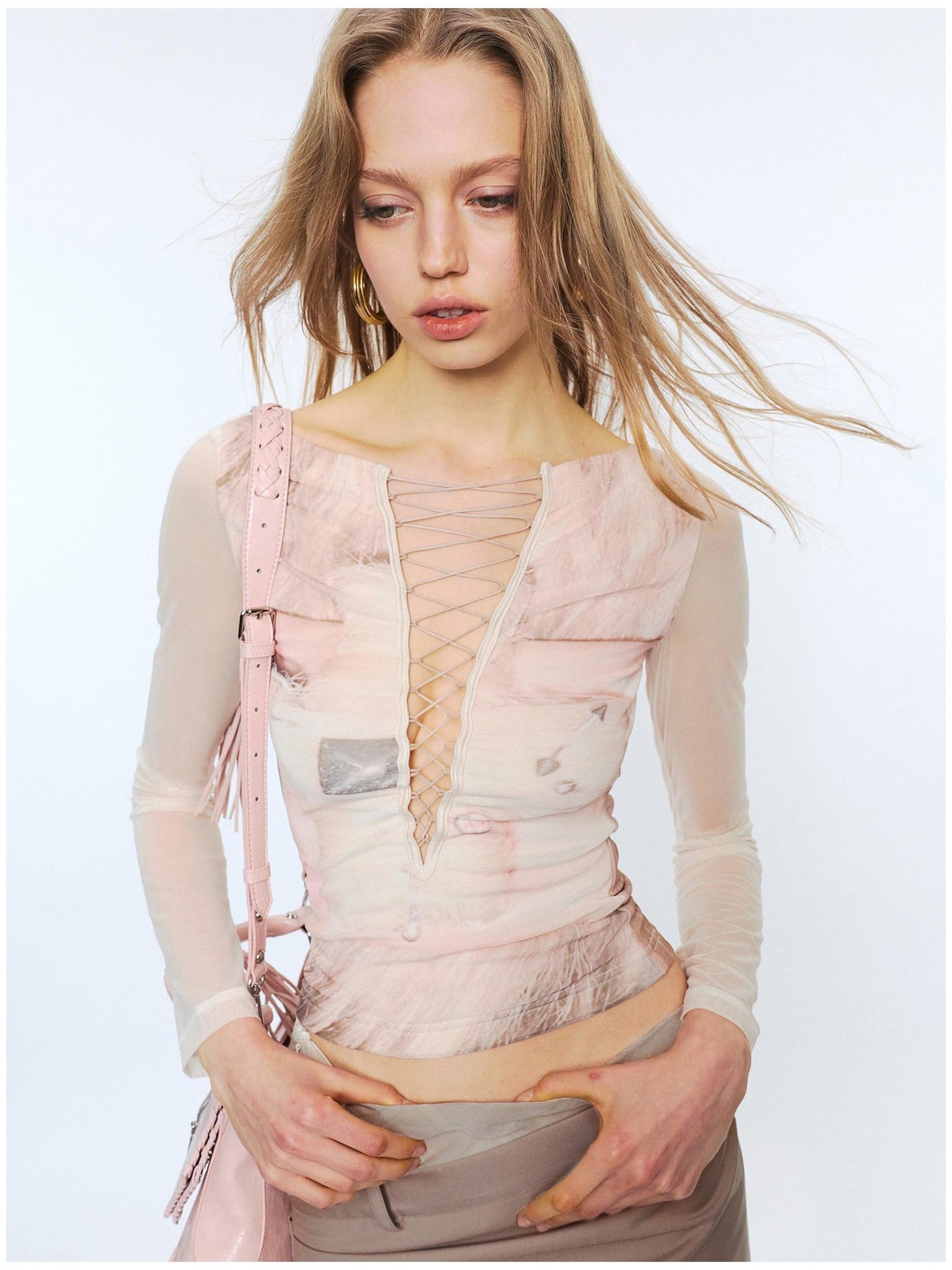 2th Desire Sexy Mesh Splice V-neck Crop Slim Tie Front For Women Print Long Sleeve T-Shirts