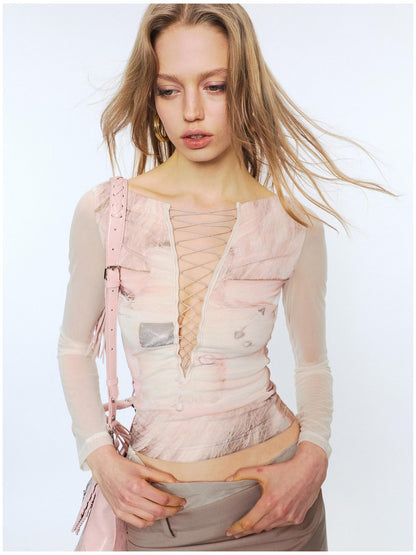 2th Desire Sexy Mesh Splice V-neck Crop Slim Tie Front For Women Print Long Sleeve T-Shirts