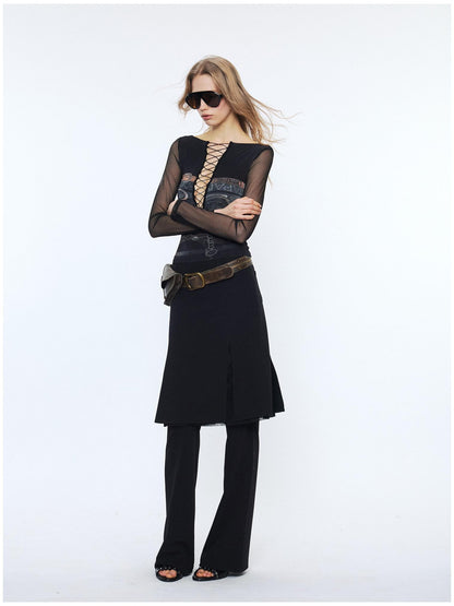 2th Desire Sexy Mesh Splice V-neck Crop Slim Tie Front For Women Print Long Sleeve T-Shirts