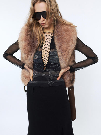 2th Desire Sexy Mesh Splice V-neck Crop Slim Tie Front For Women Print Long Sleeve T-Shirts