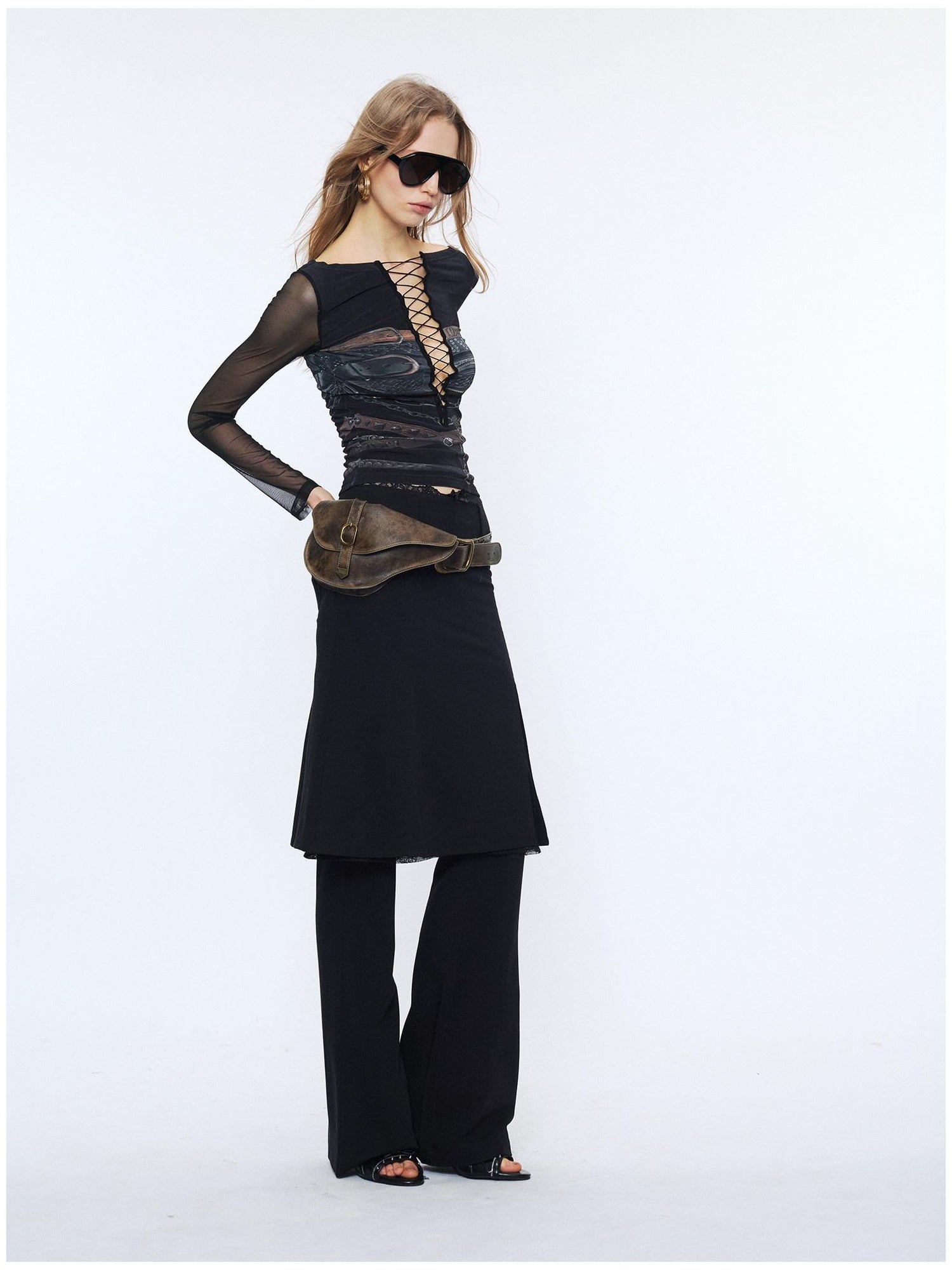2th Desire Sexy Mesh Splice V-neck Crop Slim Tie Front For Women Print Long Sleeve T-Shirts