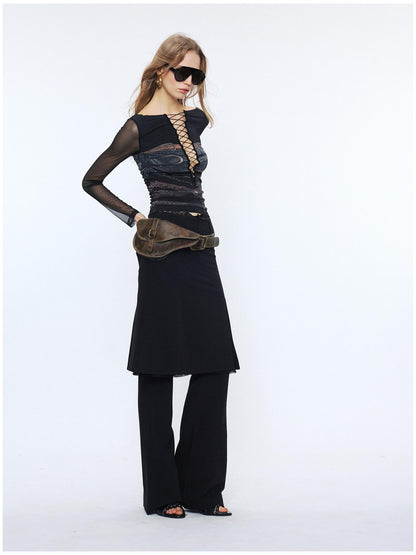 2th Desire Sexy Mesh Splice V-neck Crop Slim Tie Front For Women Print Long Sleeve T-Shirts