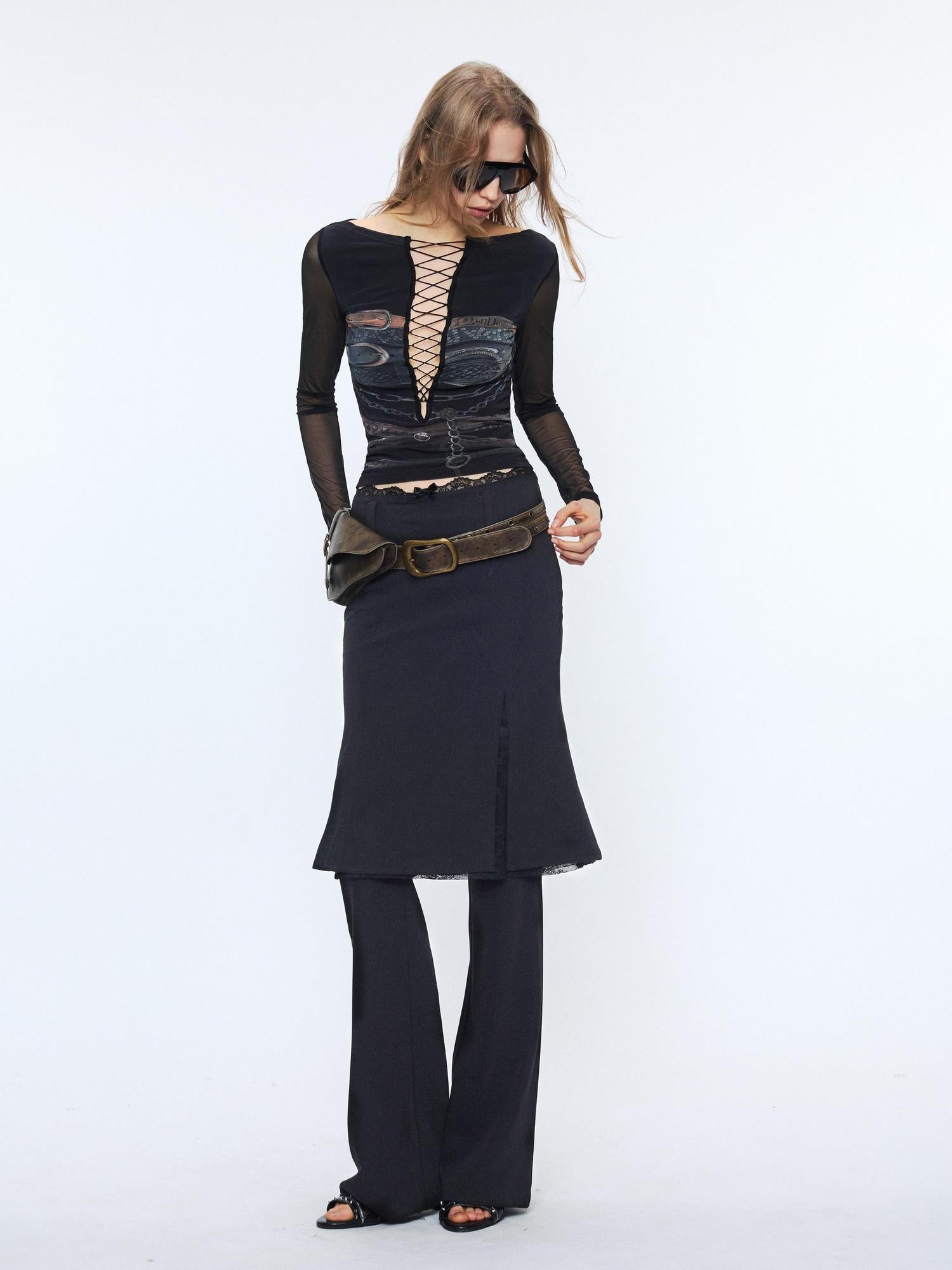 2th Desire Sexy Mesh Splice V-neck Crop Slim Tie Front For Women Print Long Sleeve T-Shirts