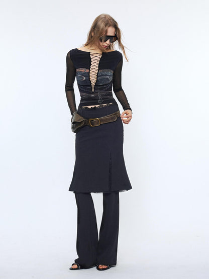 2th Desire Sexy Mesh Splice V-neck Crop Slim Tie Front For Women Print Long Sleeve T-Shirts
