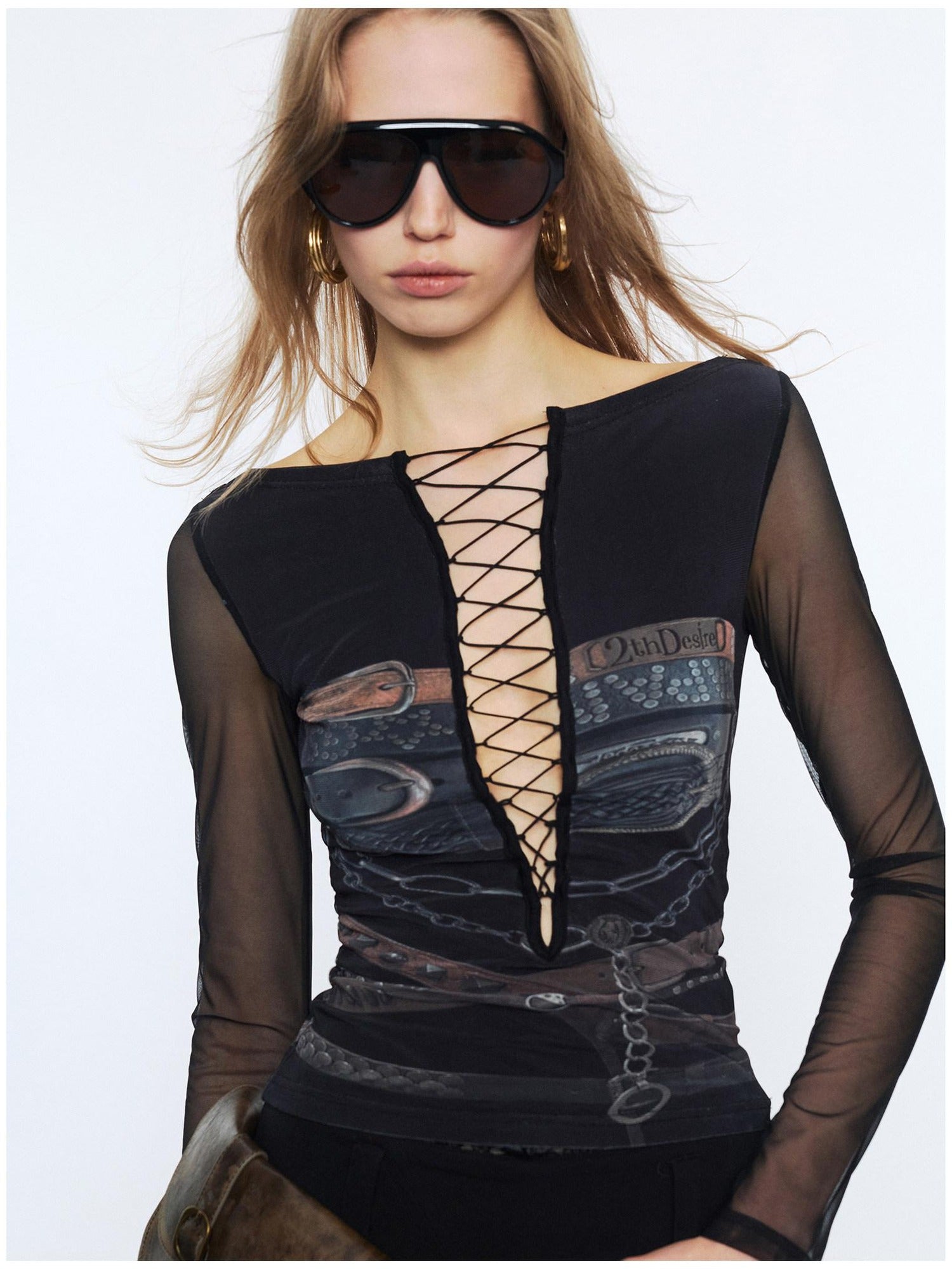 2th Desire Sexy Mesh Splice V-neck Crop Slim Tie Front For Women Print Long Sleeve T-Shirts