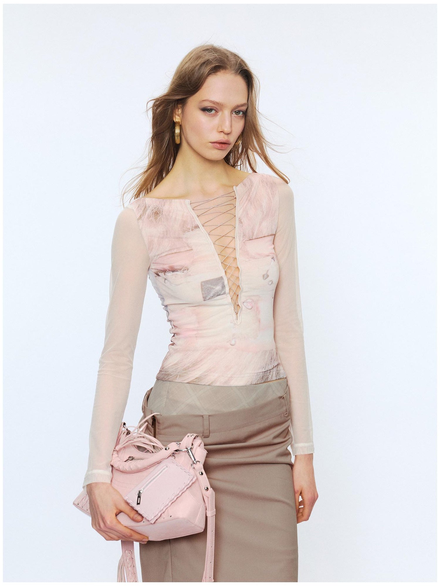 2th Desire Sexy Mesh Splice V-neck Crop Slim Tie Front For Women Print Long Sleeve T-Shirts