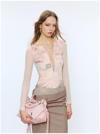 2th Desire Sexy Mesh Splice V-neck Crop Slim Tie Front For Women Print Long Sleeve T-Shirts