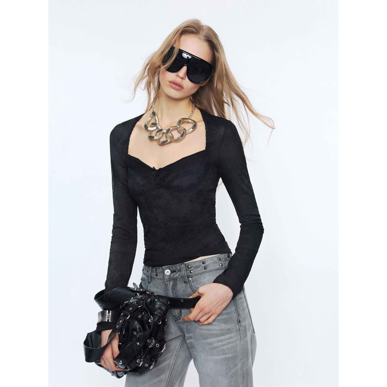 2th Desire Sexy Nylon Slim Vneck Cropped Butterfly Bow Black Long Sleeve T-Shirts