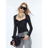 2th Desire Sexy Nylon Slim Vneck Cropped Butterfly Bow Black Long Sleeve T-Shirts