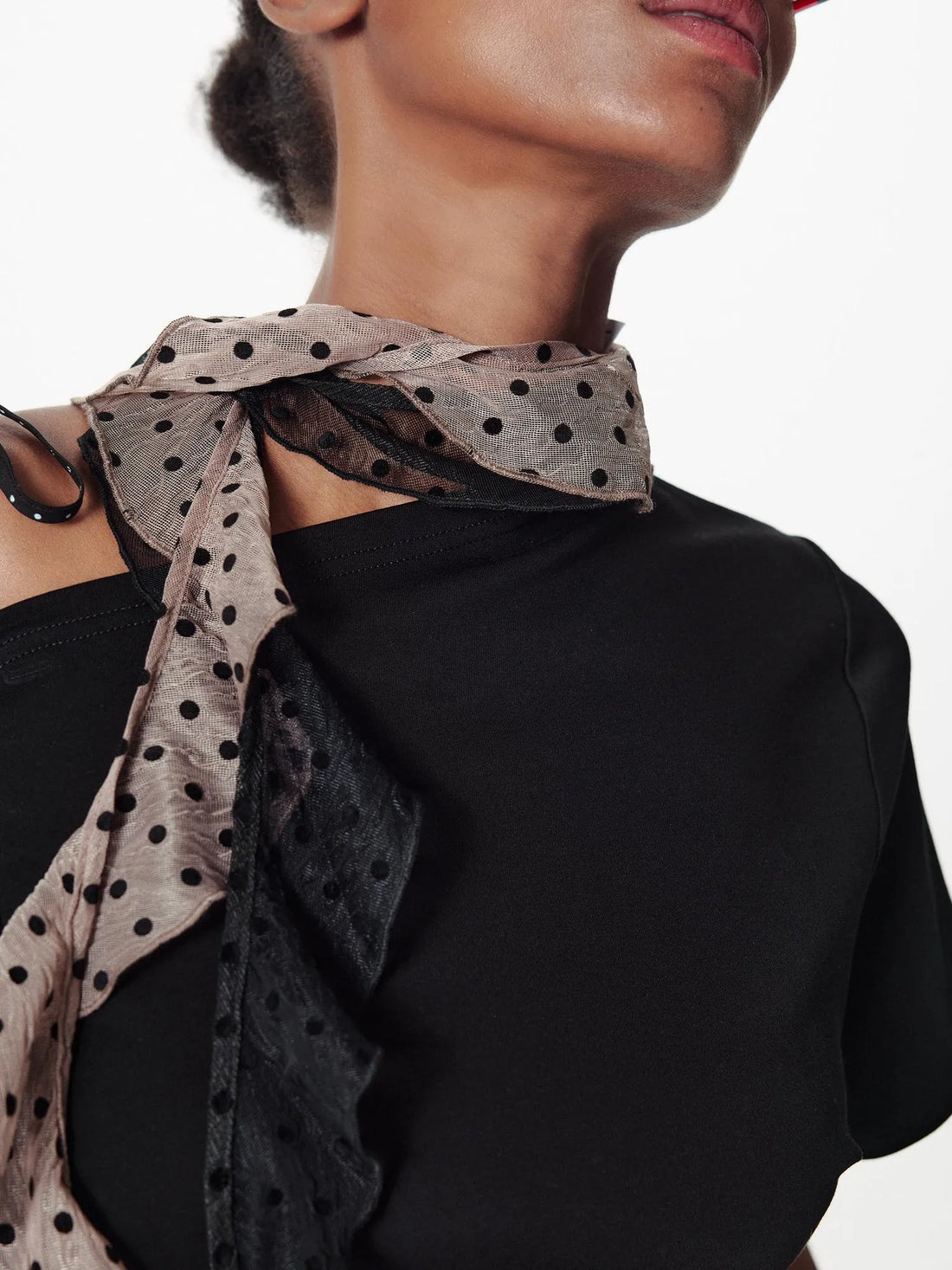 Sheer Flocked Polka Dot Chiffon Scarf With Scalloped Edge