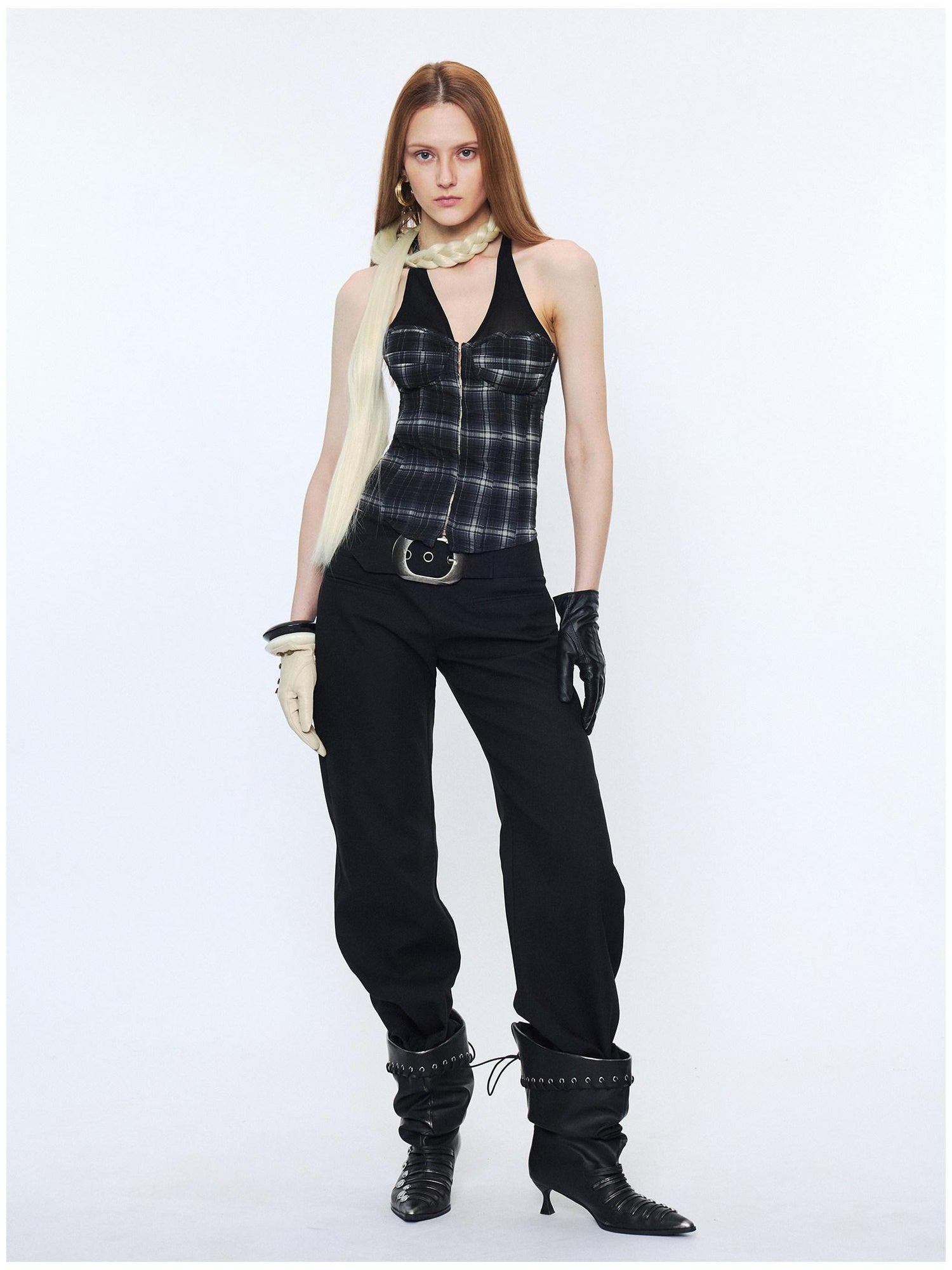 2th Desire Sheer Mesh V-neck Slim Fit Cropped Plaid Zipper Front Tank For Women Camisoles