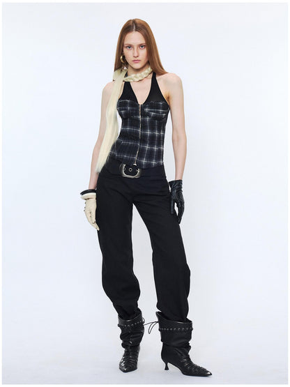 2th Desire Sheer Mesh V-neck Slim Fit Cropped Plaid Zipper Front Tank For Women Camisoles