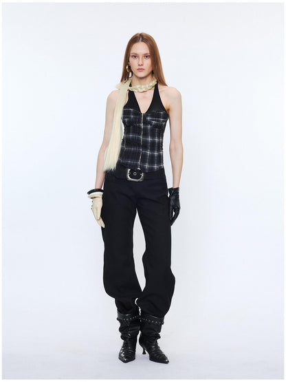 2th Desire Sheer Mesh V-neck Slim Fit Cropped Plaid Zipper Front Tank For Women Camisoles