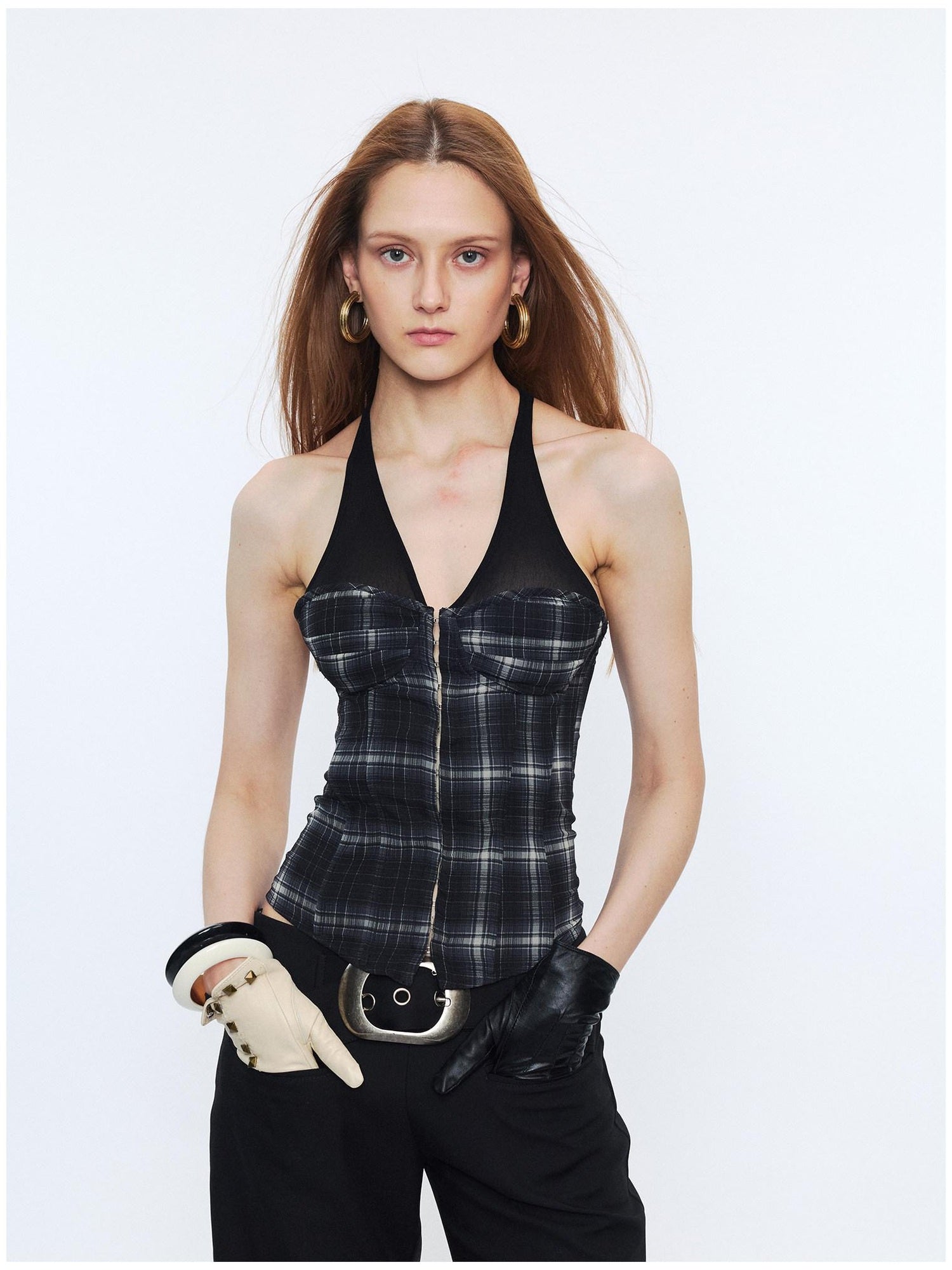 2th Desire Sheer Mesh V-neck Slim Fit Cropped Plaid Zipper Front Tank For Women Camisoles