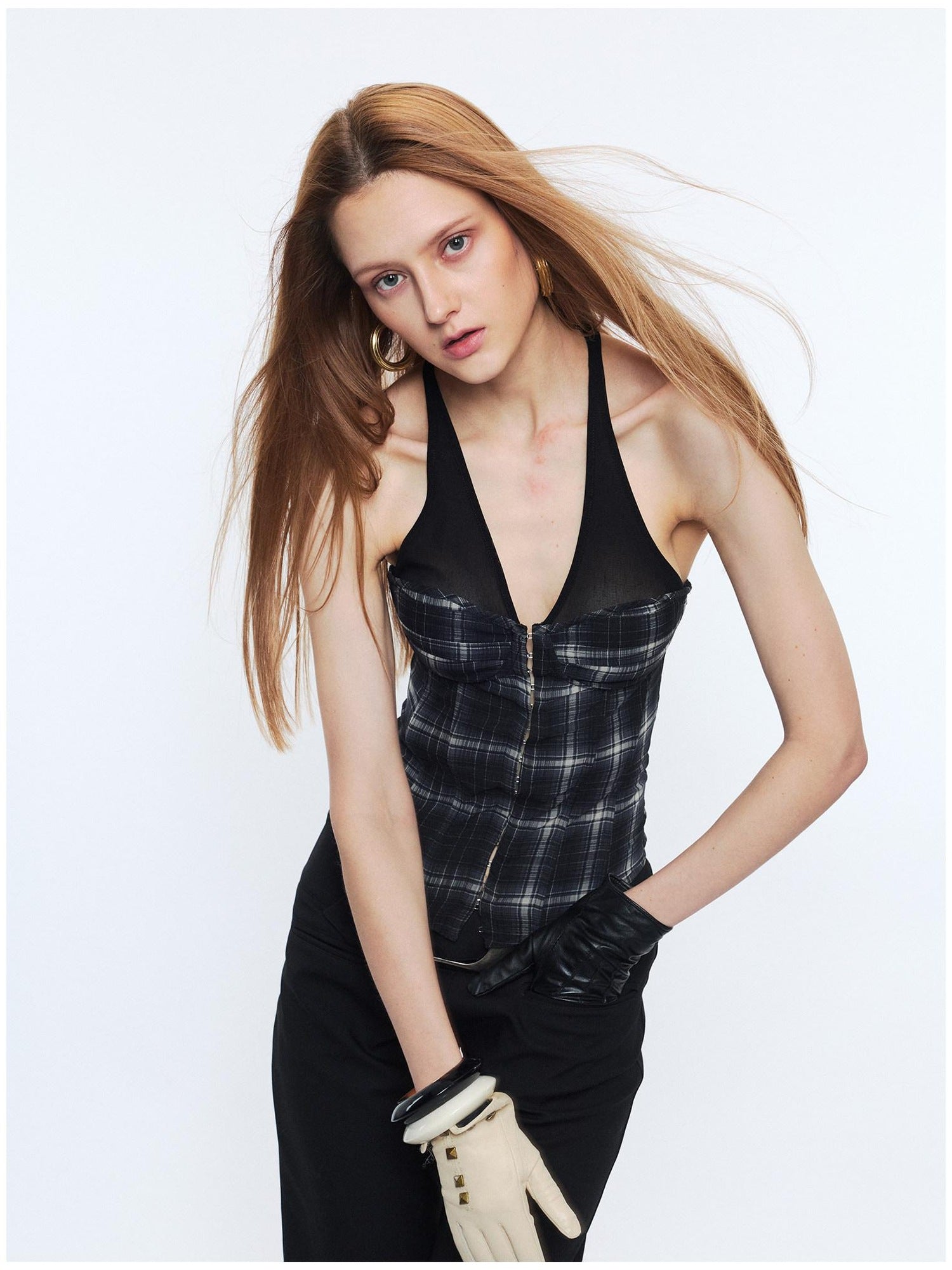 2th Desire Sheer Mesh V-neck Slim Fit Cropped Plaid Zipper Front Tank For Women Camisoles