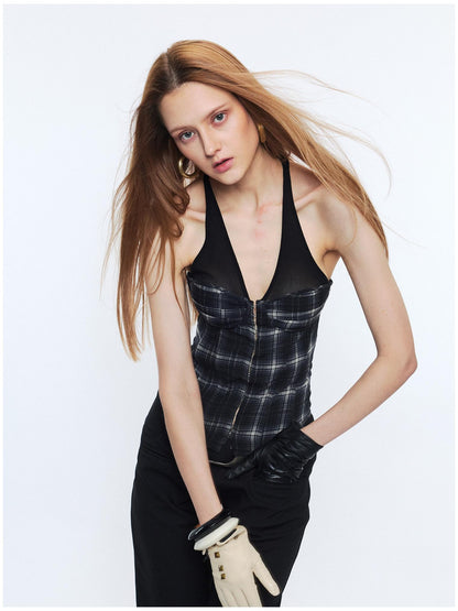 2th Desire Sheer Mesh V-neck Slim Fit Cropped Plaid Zipper Front Tank For Women Camisoles