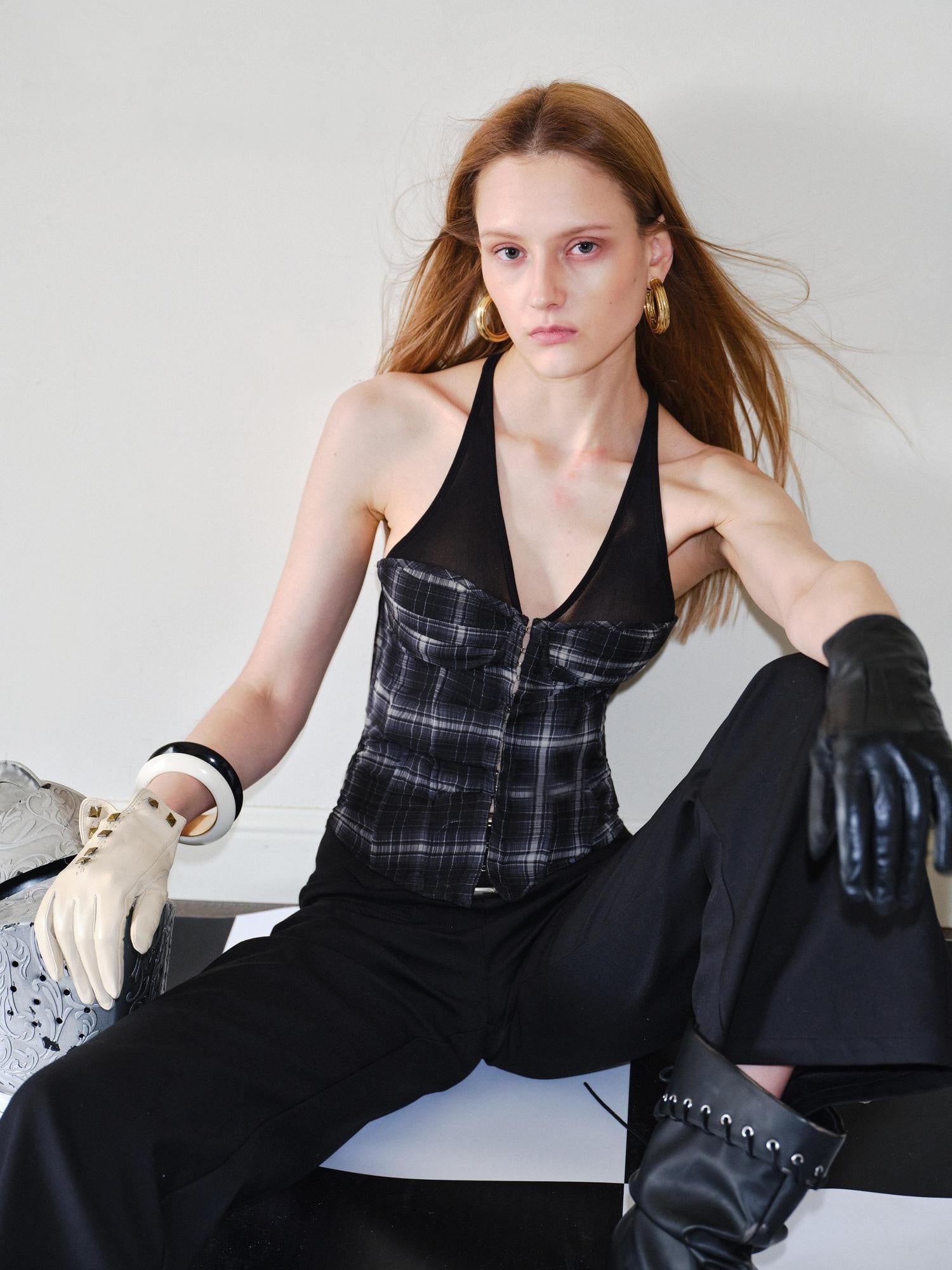 2th Desire Sheer Mesh V-neck Slim Fit Cropped Plaid Zipper Front Tank For Women Camisoles