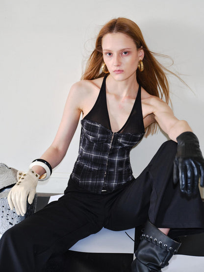 2th Desire Sheer Mesh V-neck Slim Fit Cropped Plaid Zipper Front Tank For Women Camisoles