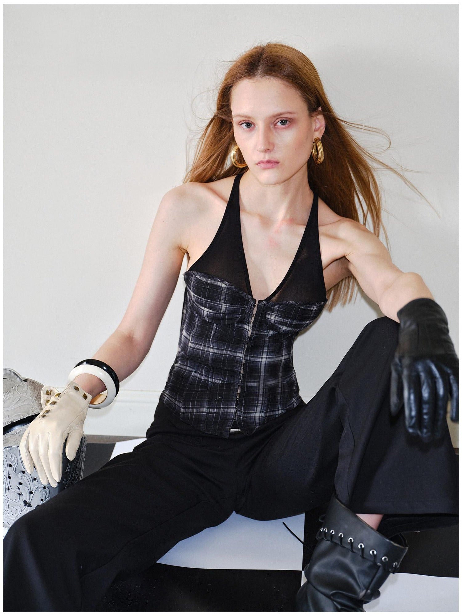 2th Desire Sheer Mesh V-neck Slim Fit Cropped Plaid Zipper Front Tank For Women Camisoles