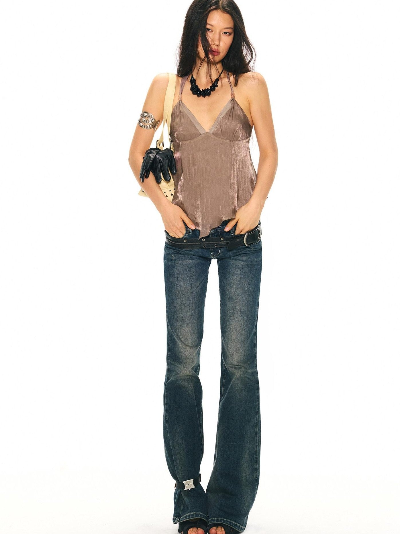 2th Desire Shiny Metallic Beaded Halter Backless V-neck Women&