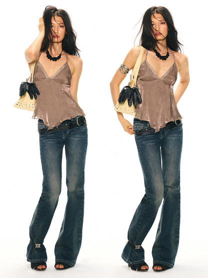 2th Desire Shiny Metallic Beaded Halter Backless V-neck Women&