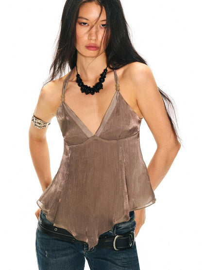 2th Desire Shiny Metallic Beaded Halter Backless V-neck Women&