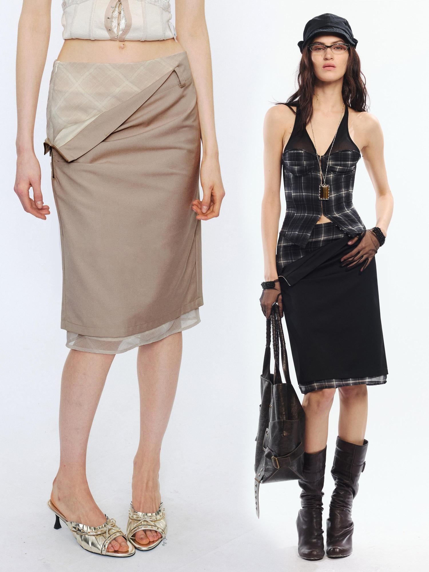 2th Desire Slim Fit Mid Waist Patchwork Straight Pencil Women Black Beige Midi Skirts