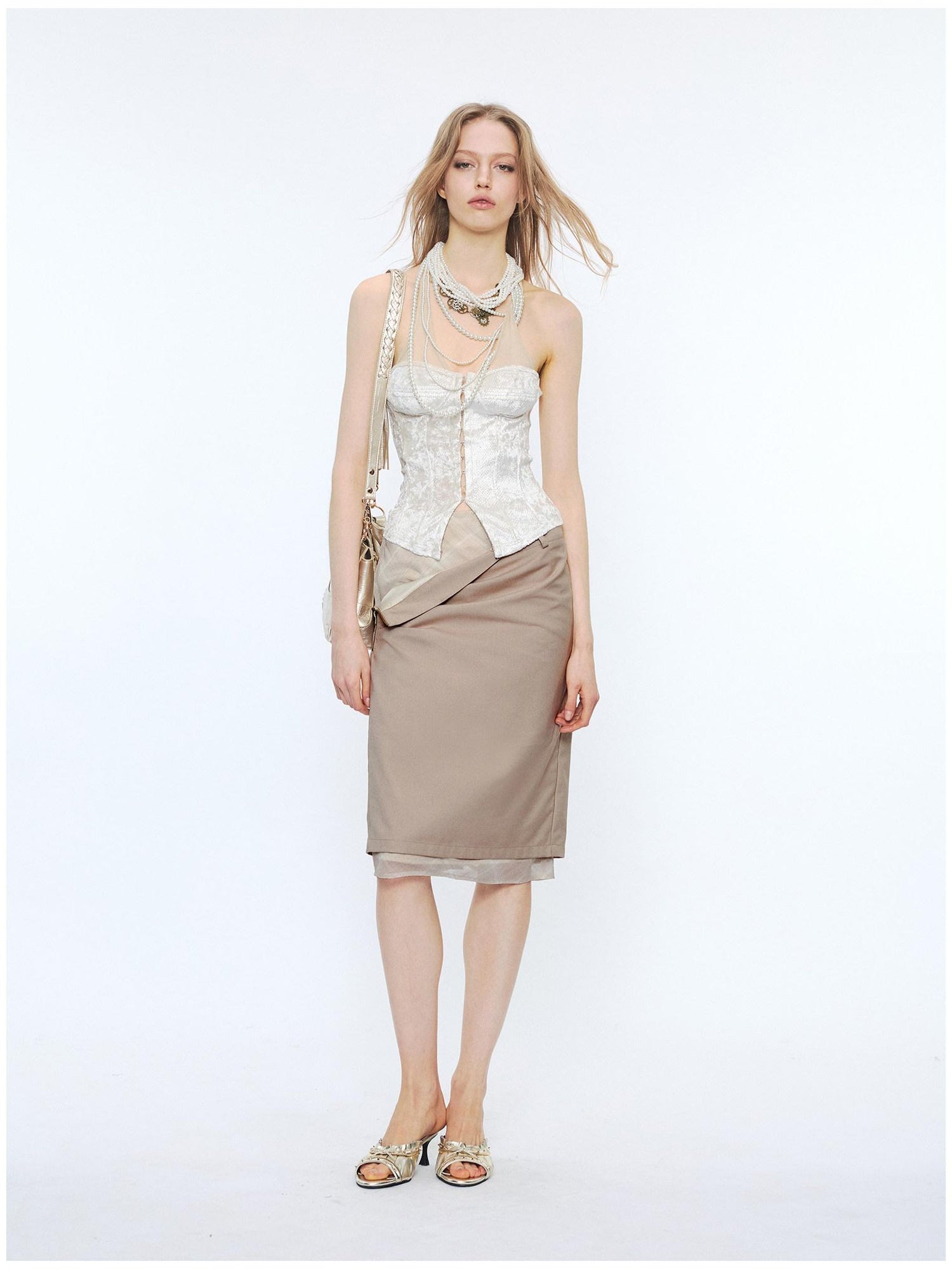 2th Desire Slim Fit Mid Waist Patchwork Straight Pencil Women Black Beige Midi Skirts
