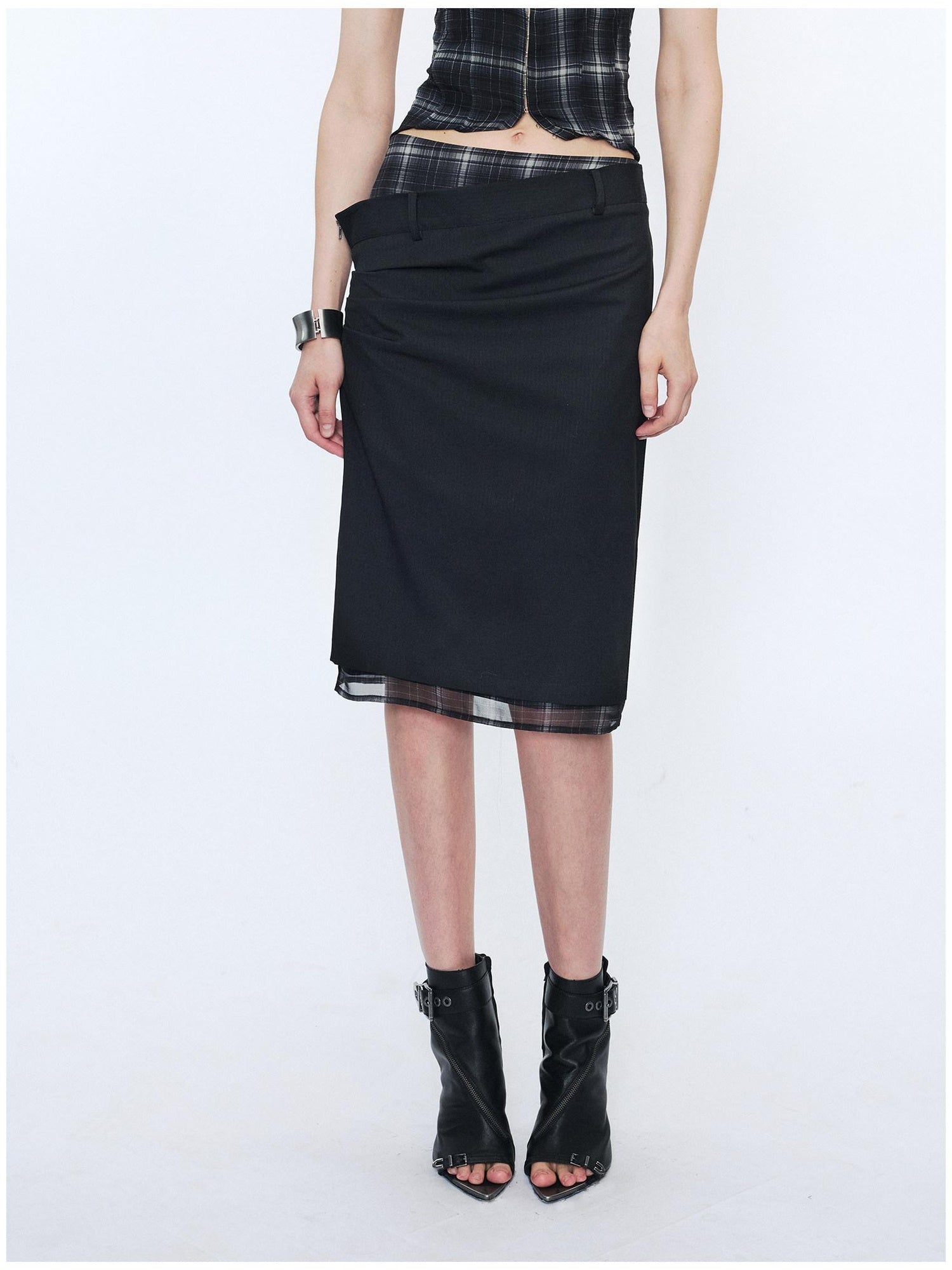 2th Desire Slim Fit Mid Waist Patchwork Straight Pencil Women Black Beige Midi Skirts