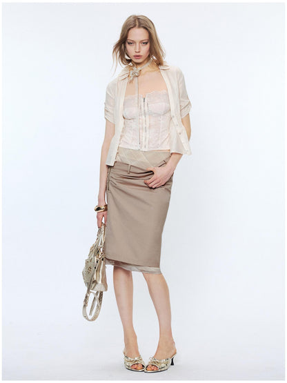 2th Desire Slim Fit Mid Waist Patchwork Straight Pencil Women Black Beige Midi Skirts