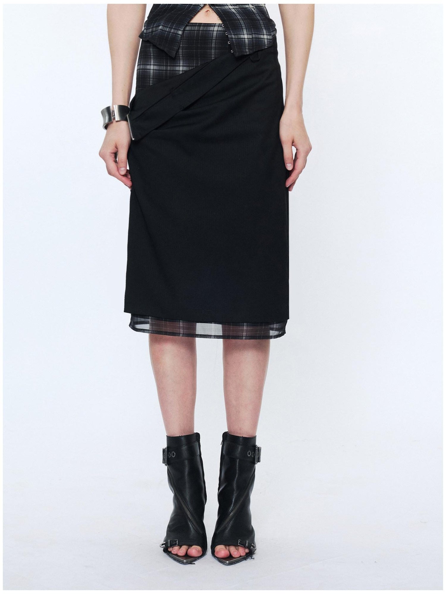 2th Desire Slim Fit Mid Waist Patchwork Straight Pencil Women Black Beige Midi Skirts