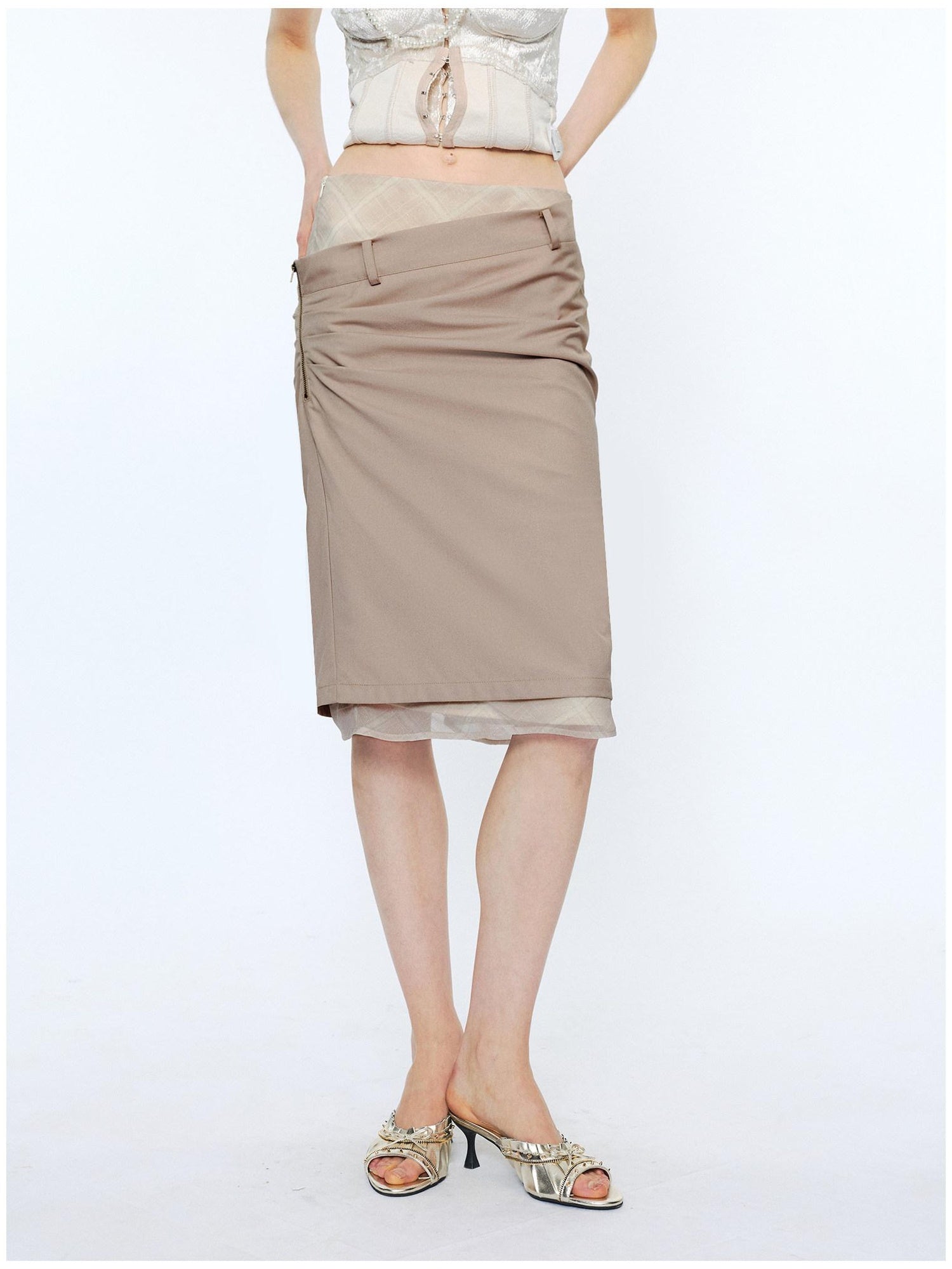 2th Desire Slim Fit Mid Waist Patchwork Straight Pencil Women Black Beige Midi Skirts