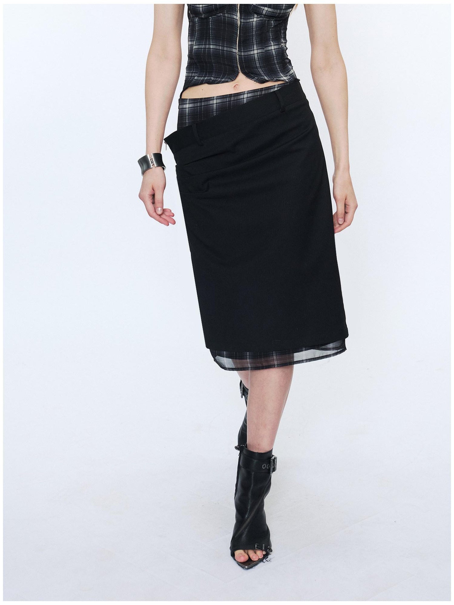 2th Desire Slim Fit Mid Waist Patchwork Straight Pencil Women Black Beige Midi Skirts