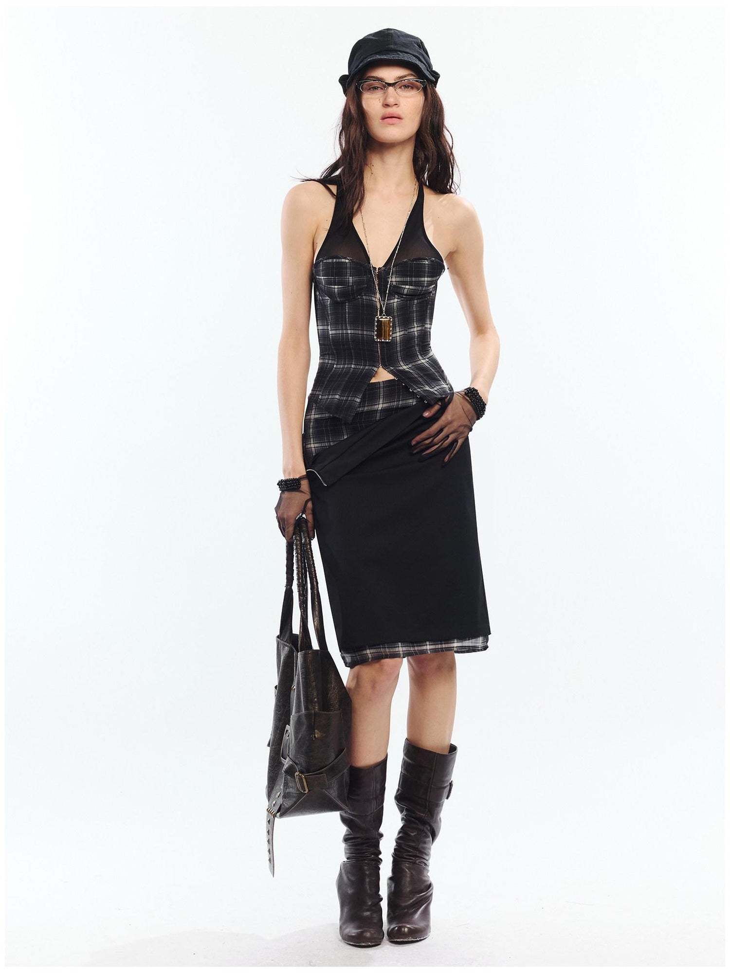 2th Desire Slim Fit Mid Waist Patchwork Straight Pencil Women Black Beige Midi Skirts