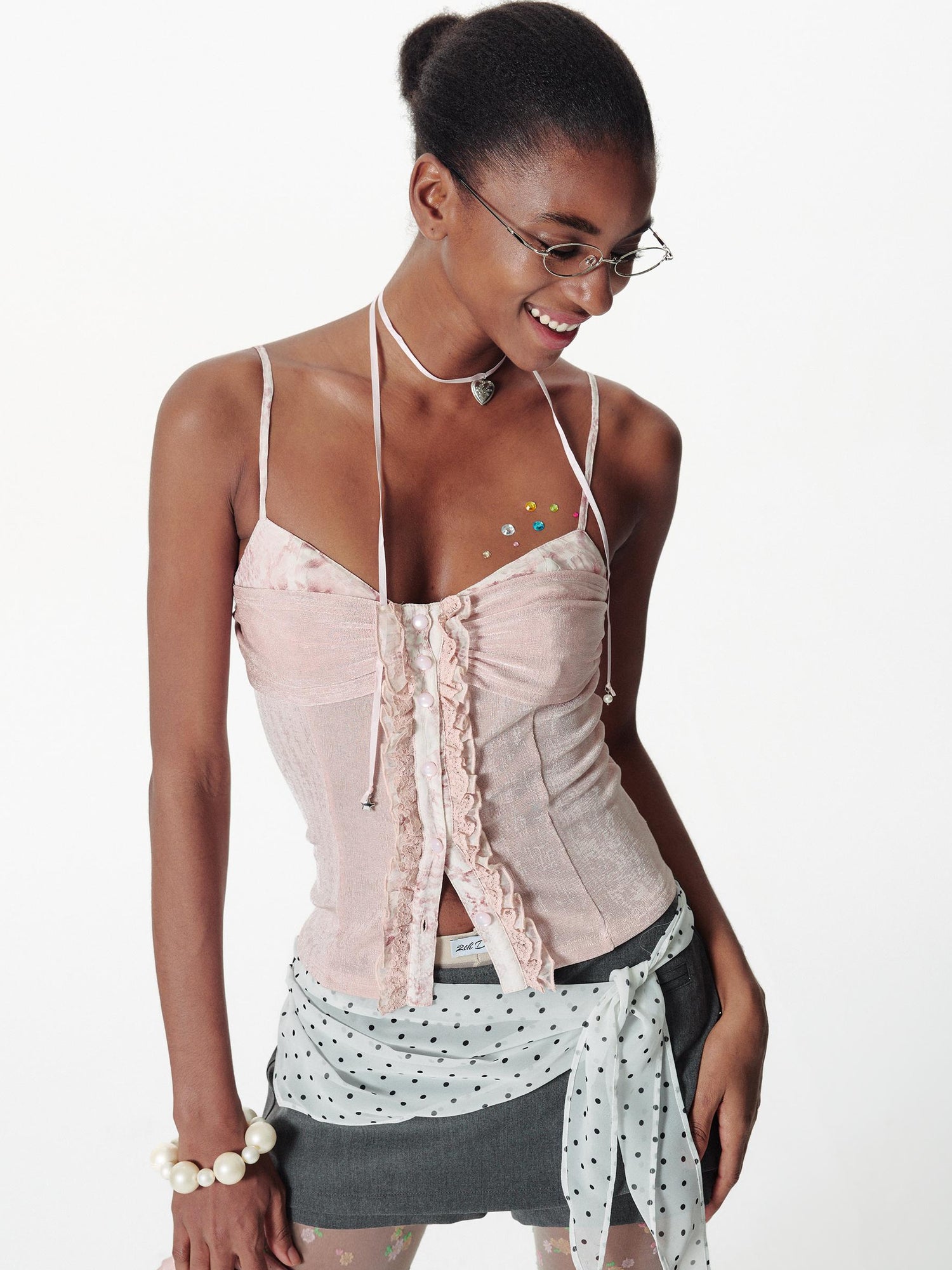 2th Desire Slim Glitter Leopard Lace Trim Knit Camisole