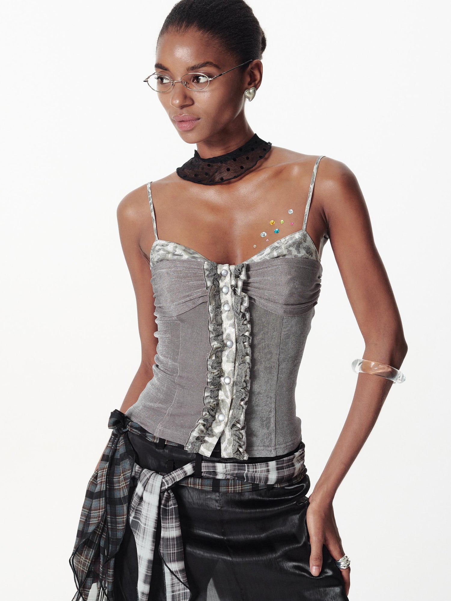 2th Desire Slim Glitter Leopard Lace Trim Knit Camisole