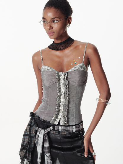2th Desire Slim Glitter Leopard Lace Trim Knit Camisole