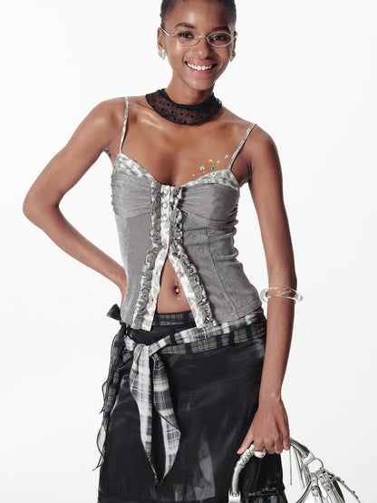 2th Desire Slim Glitter Leopard Lace Trim Knit Camisole