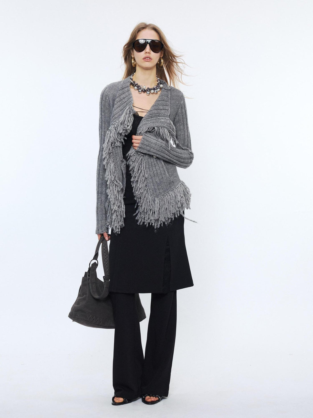 2th Desire Soft Acrylic Wool Mix Fringe Fitted Lapel Zip Women Knitwear Cardigans