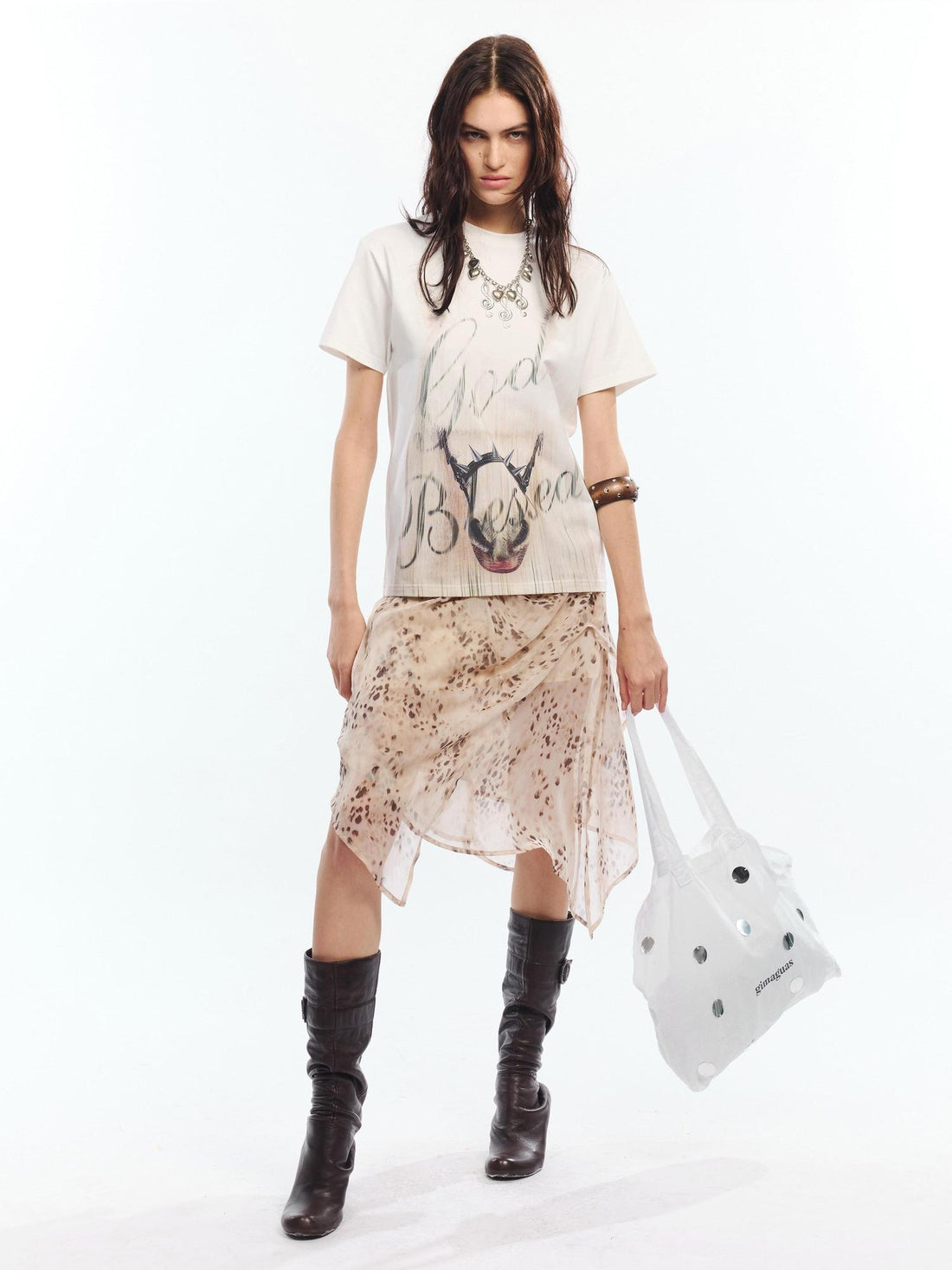 2th Desire Soft Cotton Spandex Punk Zodiac Print Round Neck White Short Sleeve T-Shirts