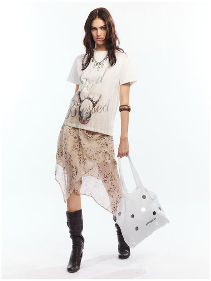 2th Desire Soft Cotton Spandex Punk Zodiac Print Round Neck White Short Sleeve T-Shirts