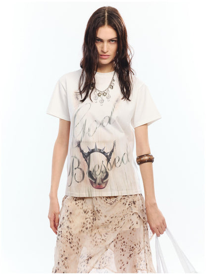 2th Desire Soft Cotton Spandex Punk Zodiac Print Round Neck White Short Sleeve T-Shirts