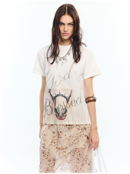 2th Desire Soft Cotton Spandex Punk Zodiac Print Round Neck White Short Sleeve T-Shirts