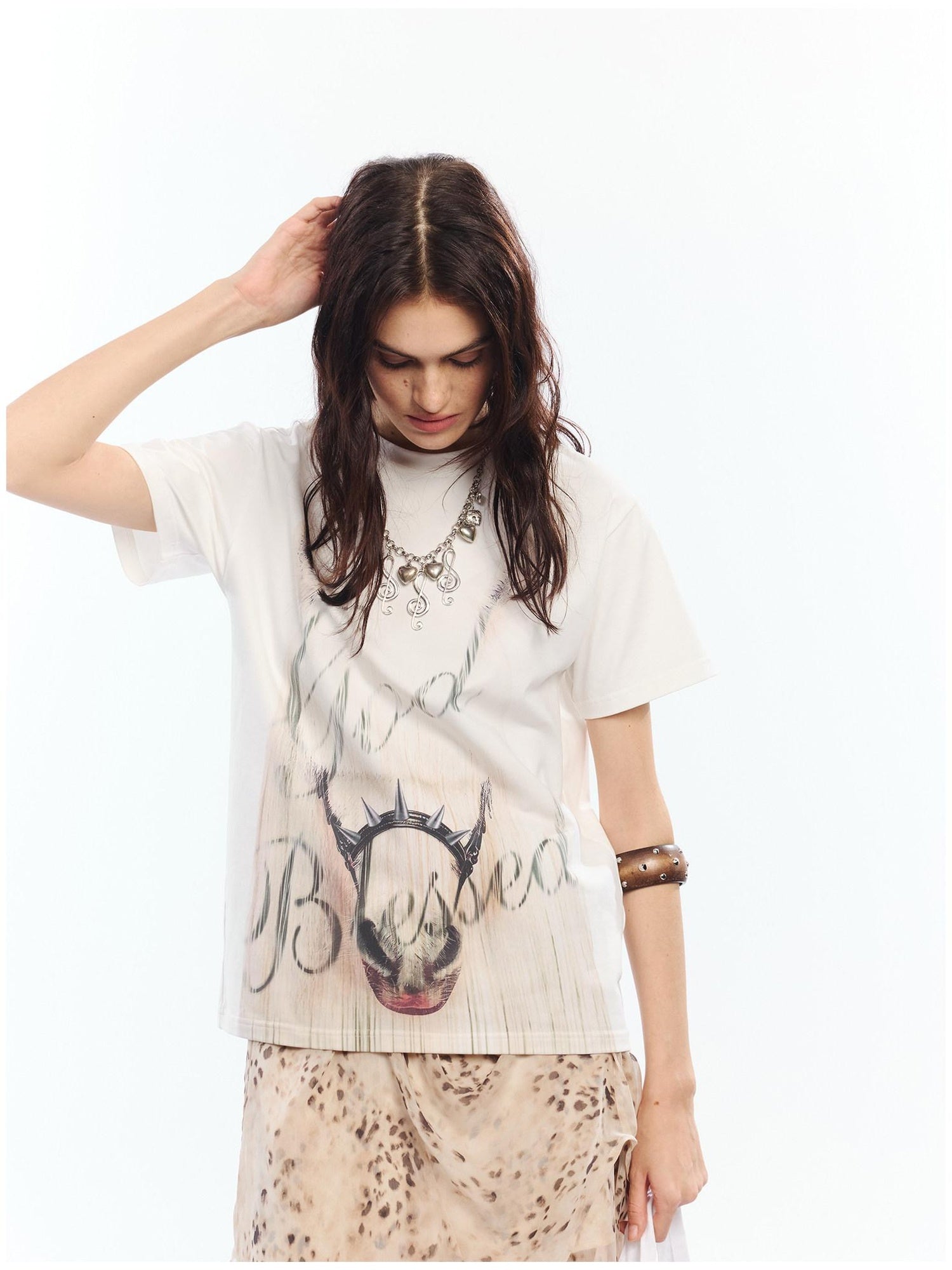2th Desire Soft Cotton Spandex Punk Zodiac Print Round Neck White Short Sleeve T-Shirts