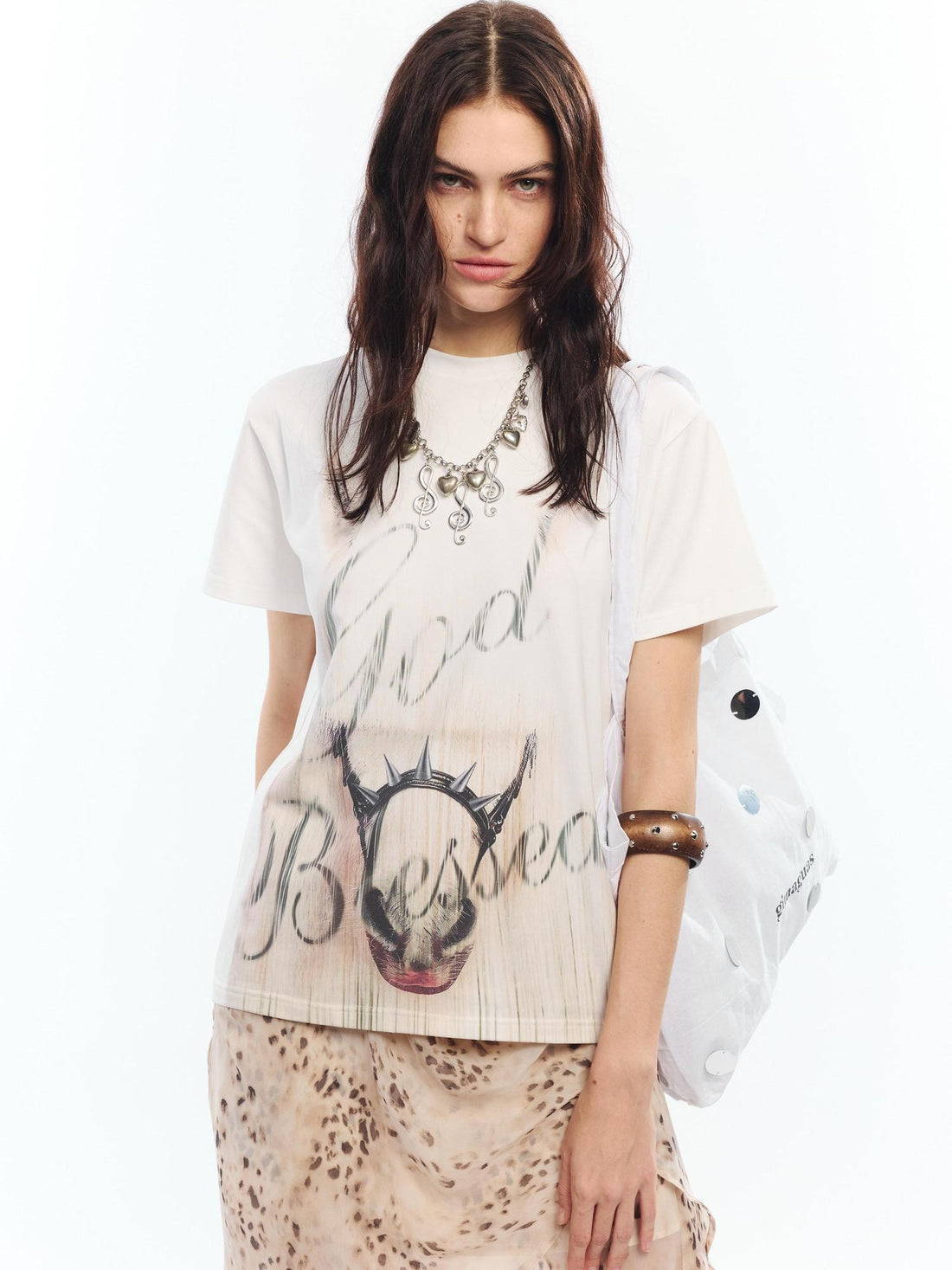 2th Desire Soft Cotton Spandex Punk Zodiac Print Round Neck White Short Sleeve T-Shirts