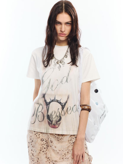 2th Desire Soft Cotton Spandex Punk Zodiac Print Round Neck White Short Sleeve T-Shirts