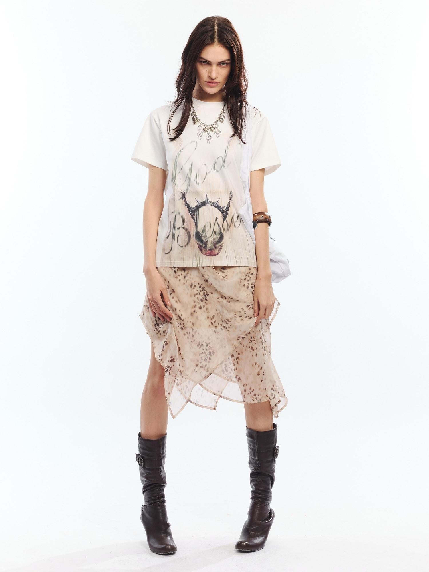 2th Desire Soft Cotton Spandex Punk Zodiac Print Round Neck White Short Sleeve T-Shirts