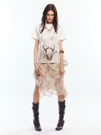 2th Desire Soft Cotton Spandex Punk Zodiac Print Round Neck White Short Sleeve T-Shirts