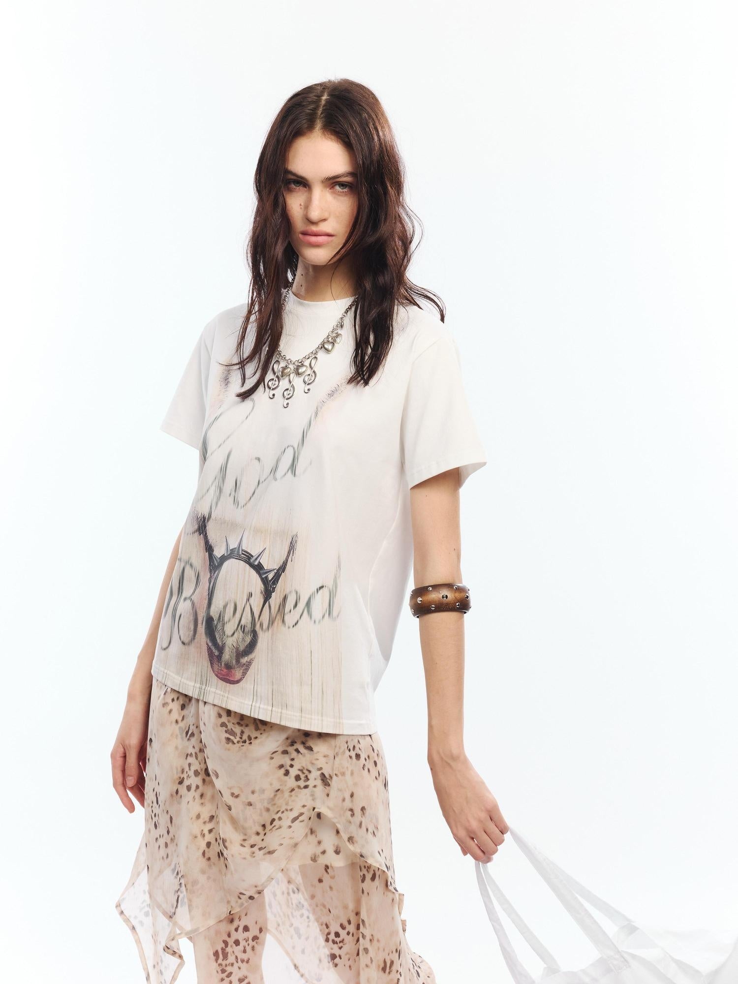 2th Desire Soft Cotton Spandex Punk Zodiac Print Round Neck White Short Sleeve T-Shirts